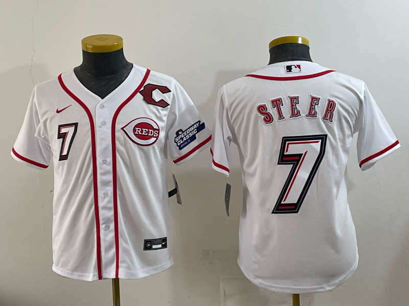 Youth Cincinnati Reds #7 Steer white Nike MLB 2025 Jersey 02
